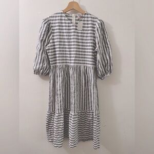 Grey Striped Blouson Dress White